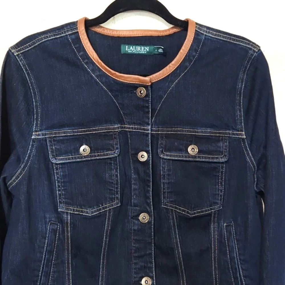 Ralph Lauren Dark Blue Denim Jacket Leather Trim Collar Large - Picture 5 of 13